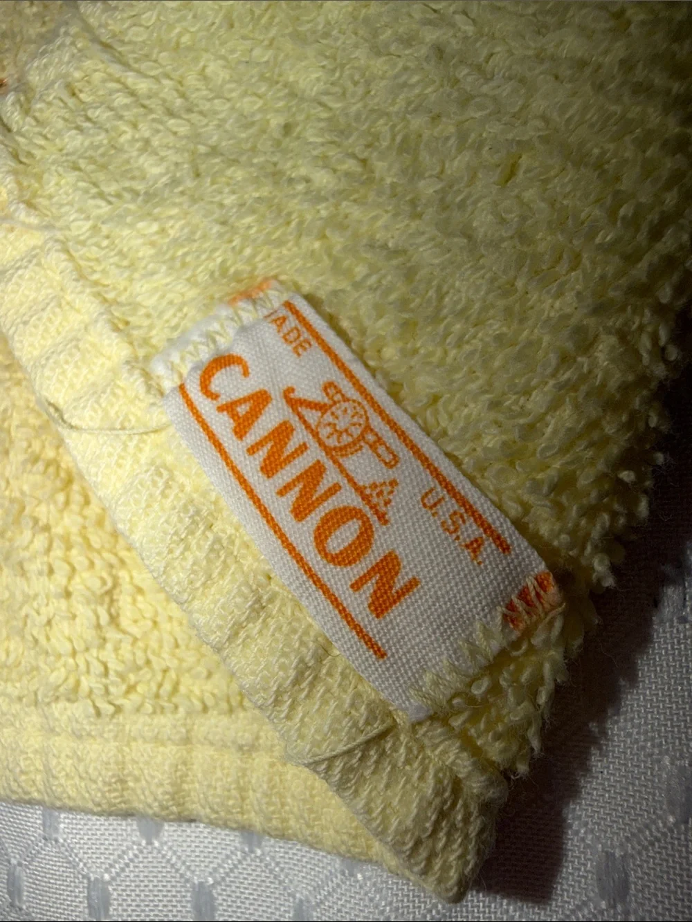 Cannon Vintage Yellow Embroidered Hand Towel with Blue flowers. Made in the USA